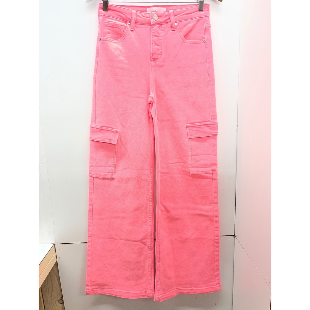 Risen Jeans Neon Pink Cargo Pants Wide Leg High Waist Denim Size 3/26
